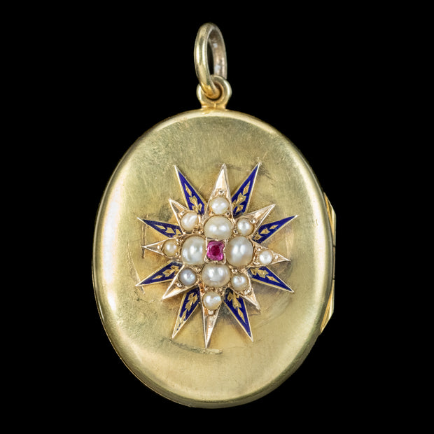 Antique Victorian Ruby Pearl Star Locket 15ct Gold 