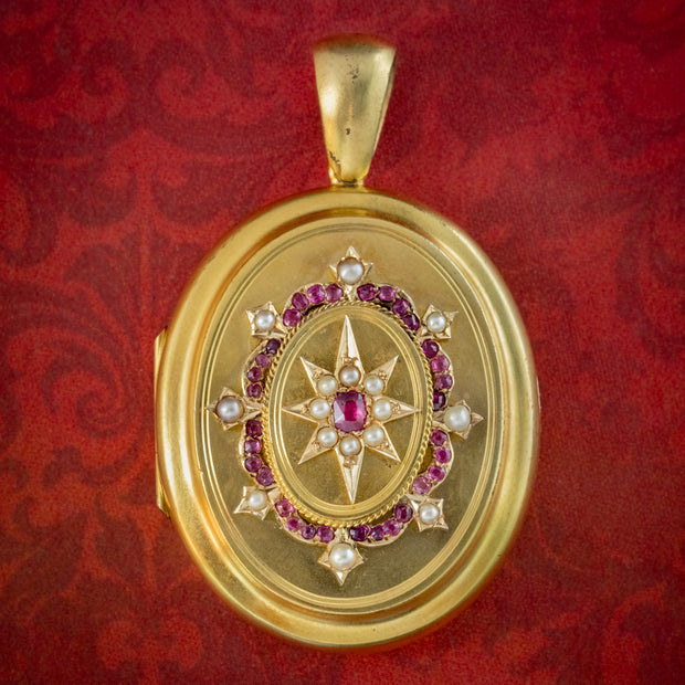 Antique Victorian Ruby Pearl Star Locket 18ct Gold 