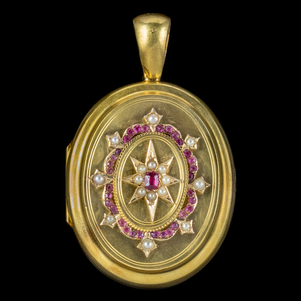 Antique Victorian Ruby Pearl Star Locket 18ct Gold 