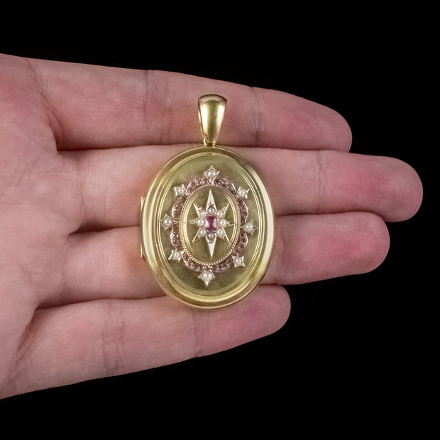 Antique Victorian Ruby Pearl Star Locket 18ct Gold 