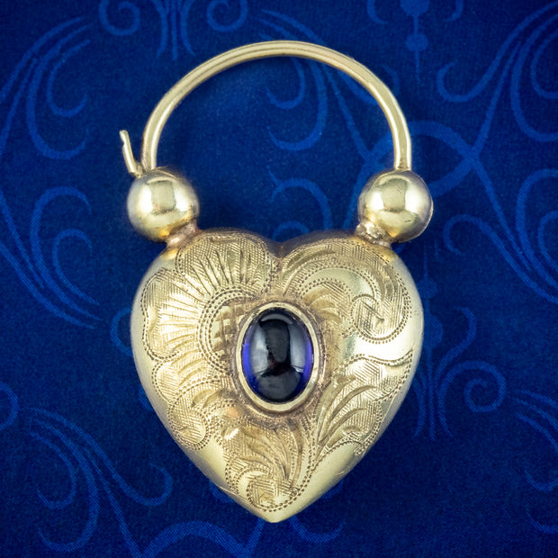 Antique Victorian Sapphire Heart Padlock 9ct Gold 0.70ct Sapphire