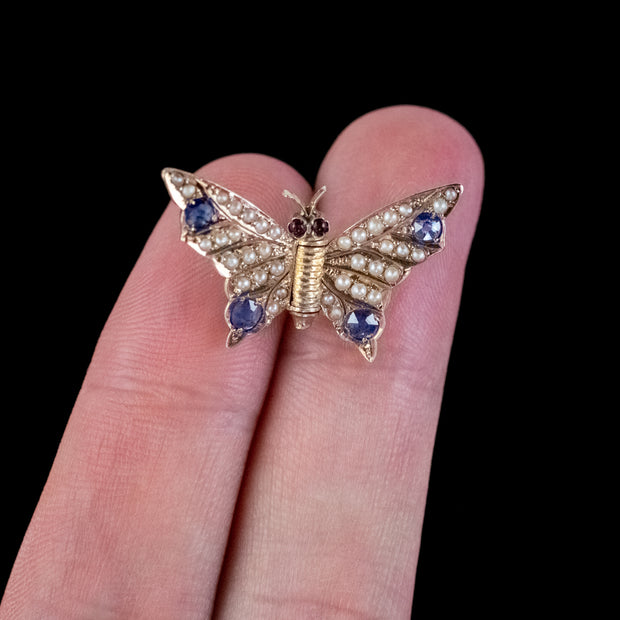 Antique Victorian Sapphire Pearl Butterfly Brooch 18ct Gold Circa 1900