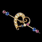 Antique Victorian Sapphire Ruby Pearl Heart Bar Brooch With Box