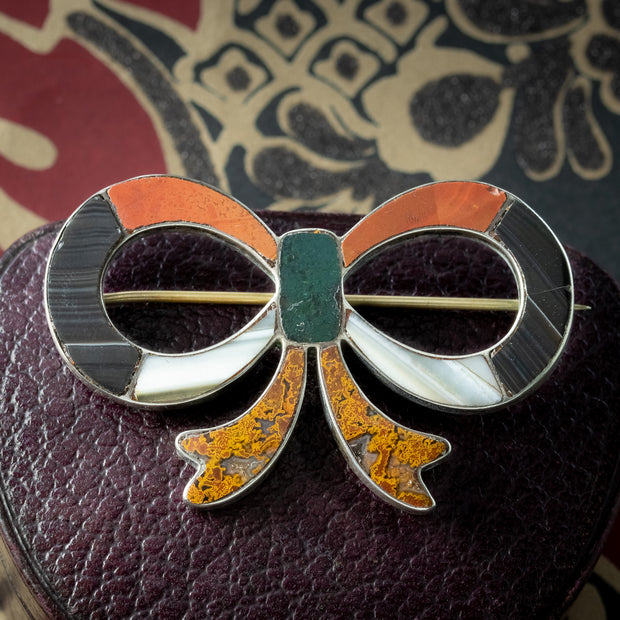 Antique-Victorian-Scottish-Agate-Bow-Brooch-Silver-