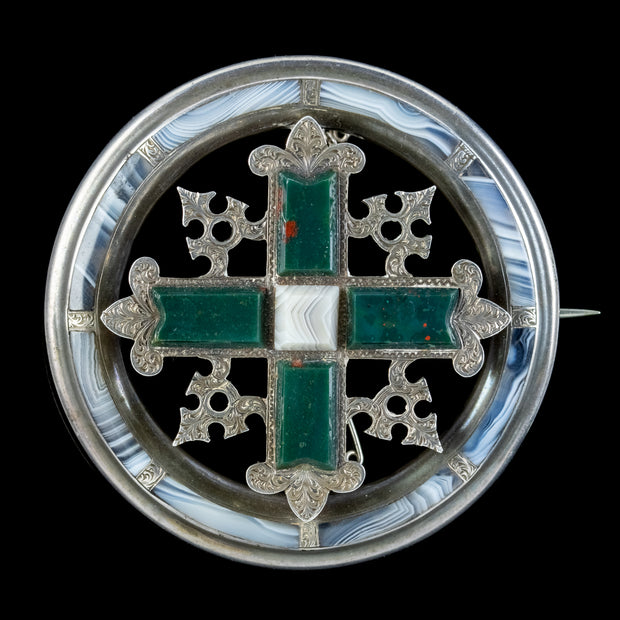 Antique Victorian Scottish Agate Brooch Silver Circa 1860