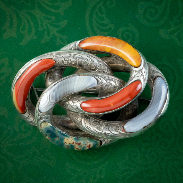 Antique Victorian Scottish Agate Knot Brooch Silver