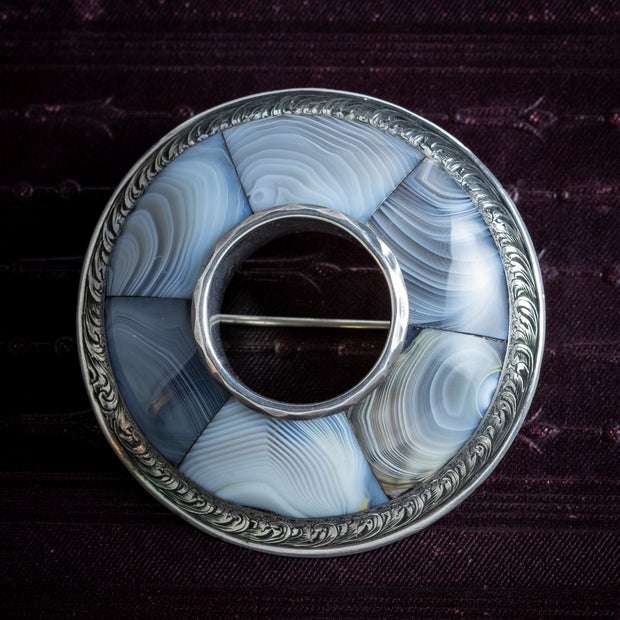 Antique Victorian Scottish Montrose Agate Brooch Silver Circa 1860