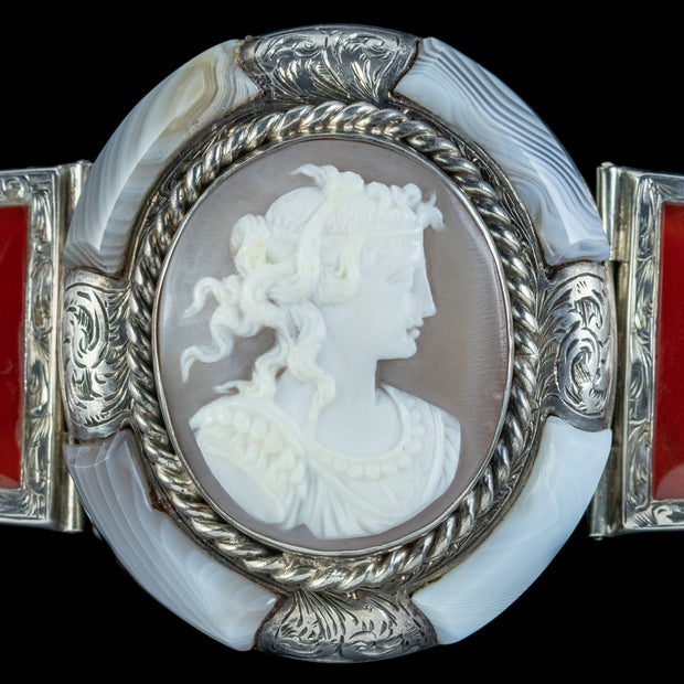 Antique Victorian Silver Agate Cameo Bracelet 