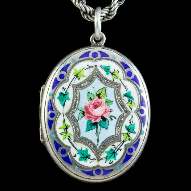 Antique Victorian Silver Enamel Floral Locket Chain Necklace