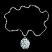 Antique Victorian Silver Enamel Floral Locket Chain Necklace