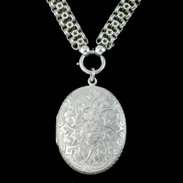 Antique Victorian Silver Forget Me Not Locket And Collar