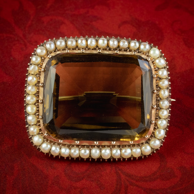 Antique Victorian Smoky Quartz Pearl Brooch 15ct Gold 25ct Quartz