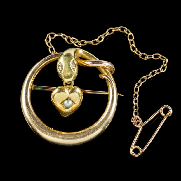 Antique Victorian Snake Brooch Diamond Eyes Pearl Heart 15ct Gold Circa 1880