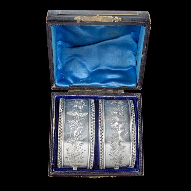 Antique Victorian Sterling Silver Cuff Bangles Circa 1880 Boxed