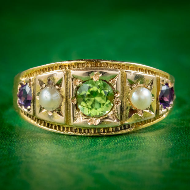 Antique Victorian Suffragette Ring Peridot Pearl Amethyst Dated 1883