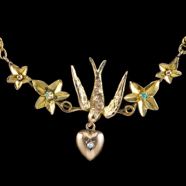 Antique Victorian Swallow Heart Ivy Necklace 9ct Gold close