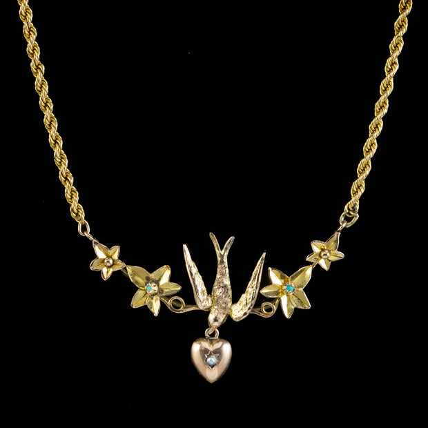 Antique Victorian Swallow Heart Ivy Necklace 9ct Gold front