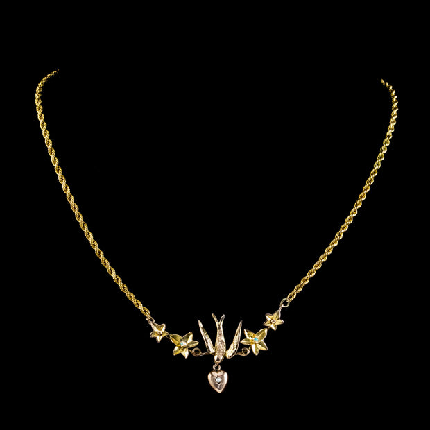 Antique Victorian Swallow Heart Ivy Necklace 9ct Gold neck