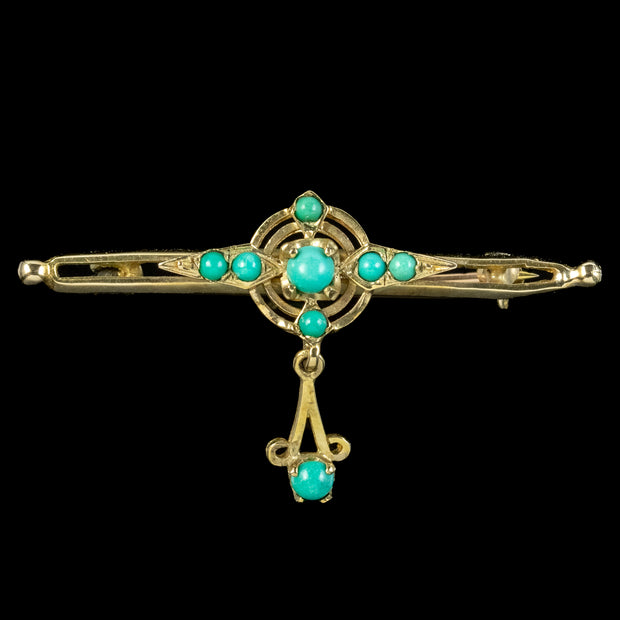 Vintage Turquoise Bar Brooch 9ct Gold With Box