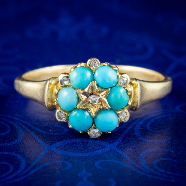 Antique Victorian Turquoise Diamond Flower Ring Dated 1871