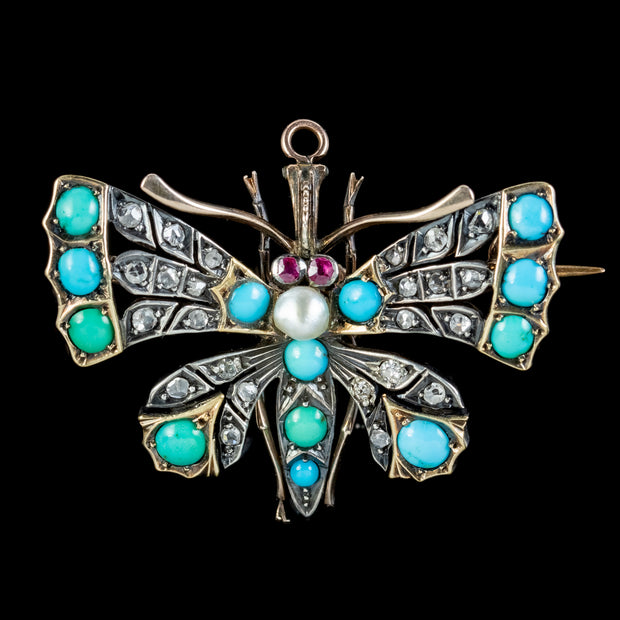 Antique Victorian Turquoise Diamond Pearl Butterfly Pendant Brooch Circa 1900
