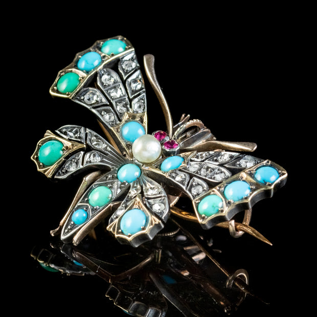Antique Victorian Turquoise Diamond Pearl Butterfly Pendant Brooch Cir ...