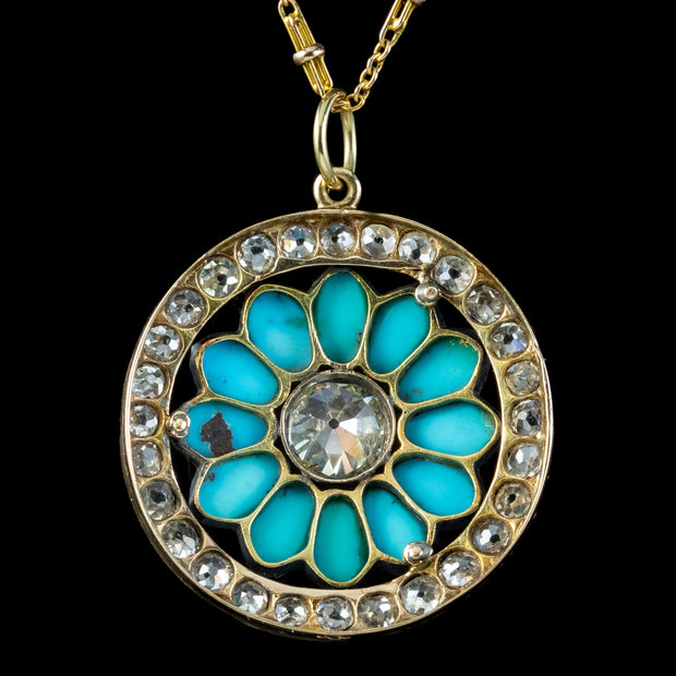 Antique Victorian Turquoise Diamond Pendant Necklace 3.5ct Of Diamond Circa 1900