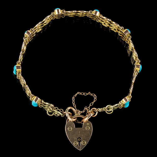 Antique Victorian Turquoise Padlock Gate Bracelet 9ct Gold Circa 1900