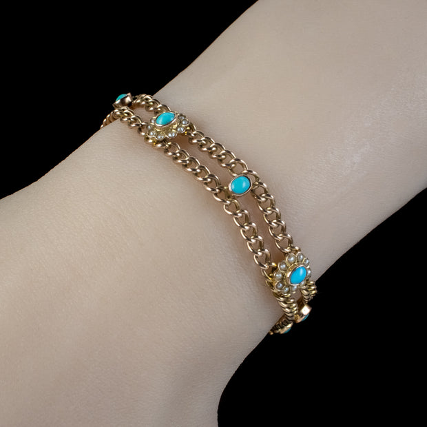 Antique Victorian Turquoise Pearl Curb Bracelet 9ct Gold 