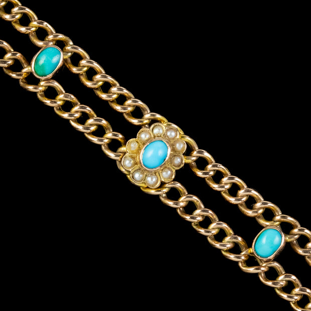 Antique Victorian Turquoise Pearl Curb Bracelet 9ct Gold 