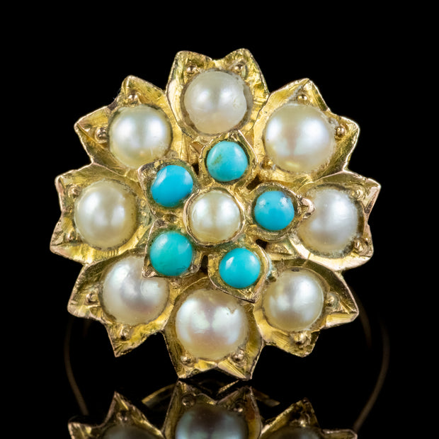Antique Victorian Turquoise Pearl Daisy Ring 9ct Gold Circa 1900