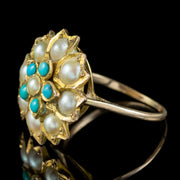 Antique Victorian Turquoise Pearl Daisy Ring 9ct Gold Circa 1900b