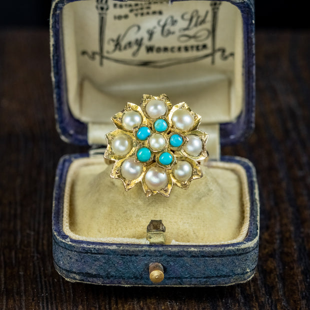 Antique Victorian Turquoise Pearl Daisy Ring 9ct Gold Circa 1900
