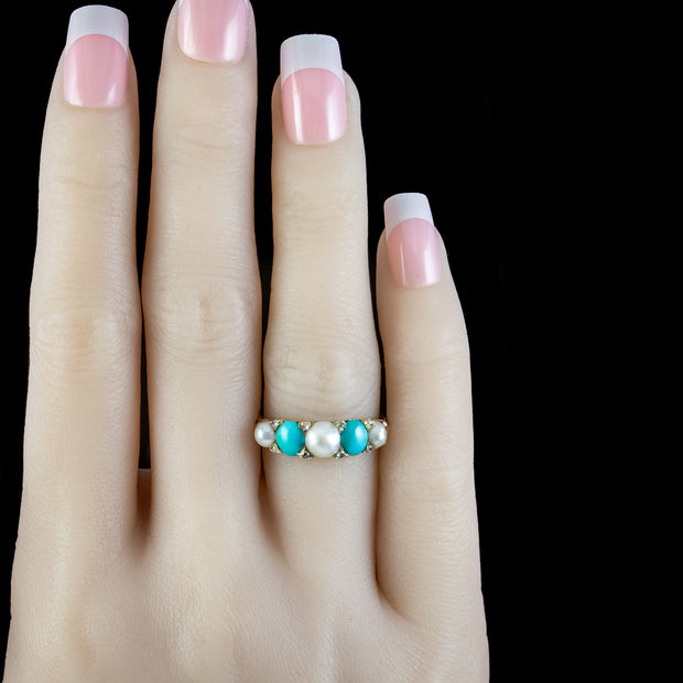 Antique Victorian Five Stone Turquoise Pearl Diamond Ring 