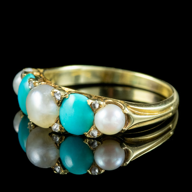 Antique Victorian Five Stone Turquoise Pearl Diamond Ring 