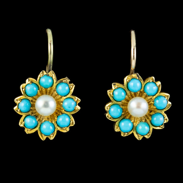 Antique Victorian Turquoise Pearl Flower Earrings Circa 1880