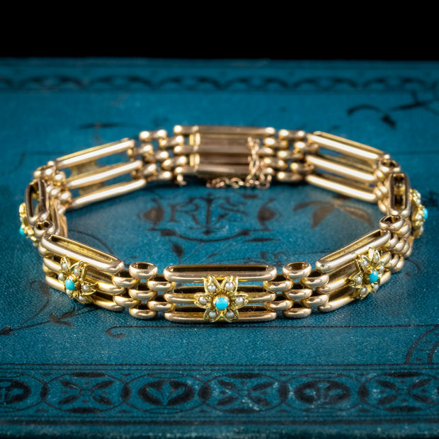 Antique Victorian Turquoise Pearl Flower Bracelet 15ct Gold