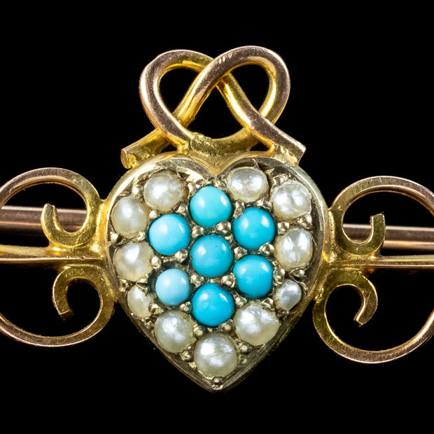Antique Victorian Turquoise Pearl Heart Bar Brooch 9ct Gold