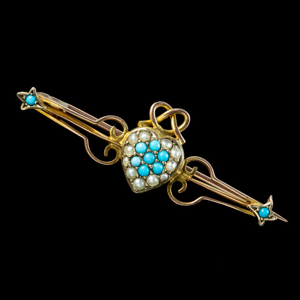 Antique Victorian Turquoise Pearl Heart Bar Brooch 9ct Gold