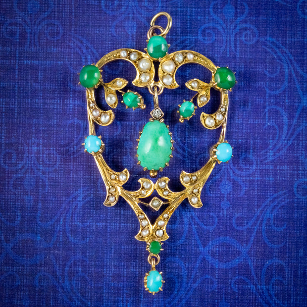 Antique Victorian Turquoise Pearl Pendant 9ct Gold Circa 1900