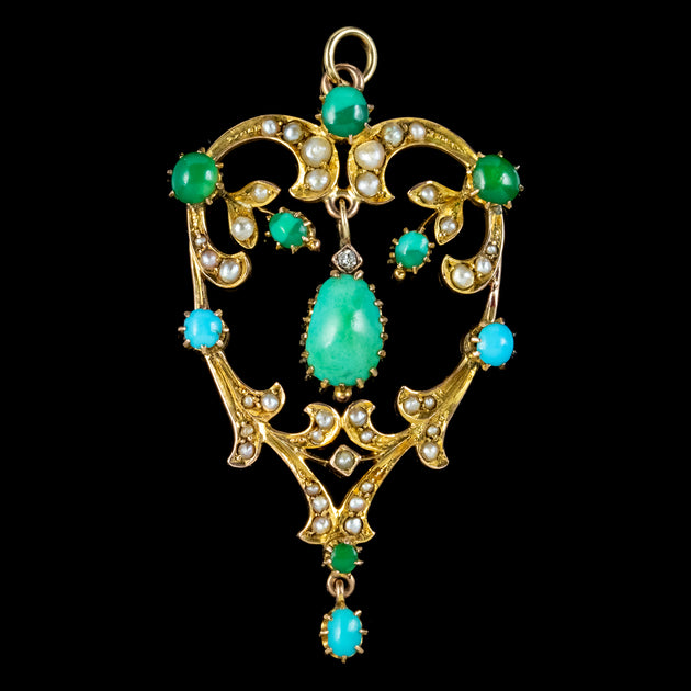 Antique Victorian Turquoise Pearl Diamond Pendant 9ct Gold Circa 1900 ...