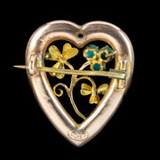 Antique Victorian Turquoise Shamrock Heart Brooch 9ct Gold
