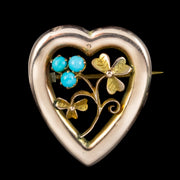 Antique Victorian Turquoise Shamrock Heart Brooch 9ct Gold