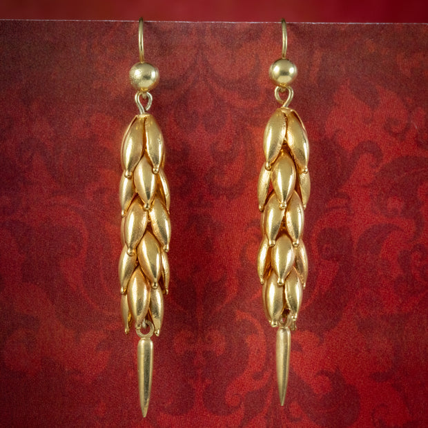Antique Victorian Wheat Drop Earrings Pinchbeck Gold Gilt