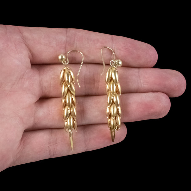 Antique Victorian Wheat Drop Earrings Pinchbeck Gold Gilt