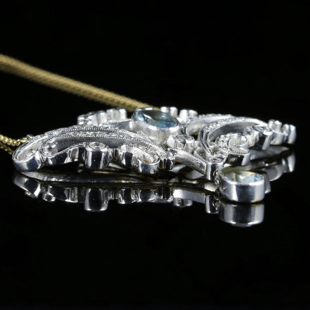 Antique Aquamarine Diamond Pendant Necklace 18Ct Yellow Gold 3Ct Aquamarine