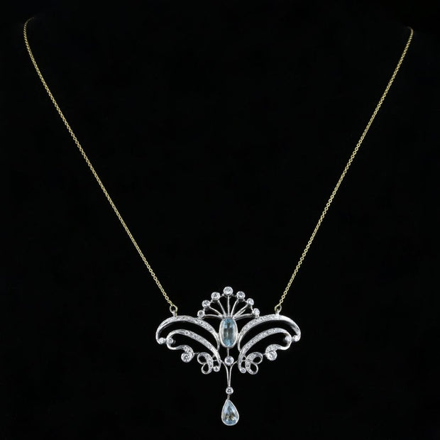 Antique Aquamarine Diamond Pendant Necklace 18Ct Yellow Gold 3Ct Aquamarine
