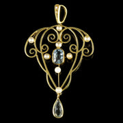 Antique Aquamarine Pearl Gold Pendant 15Ct Gold