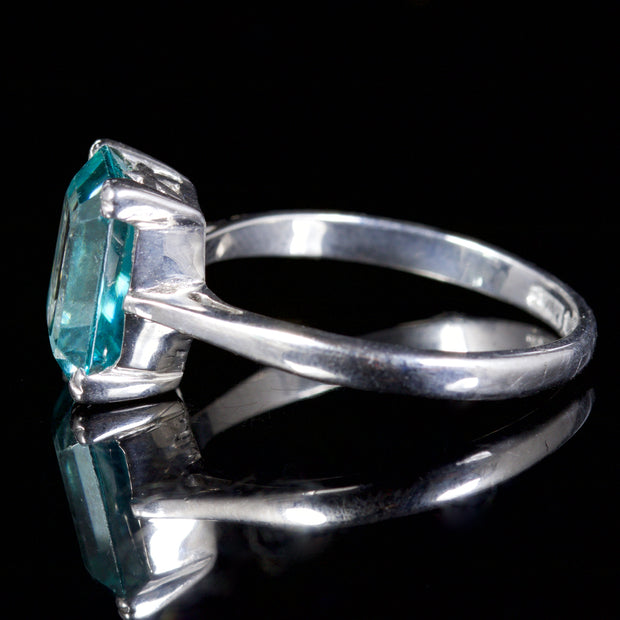Antique Art Deco Blue Zircon Ring Emerald Cut Plat 18Ct Circa 1920