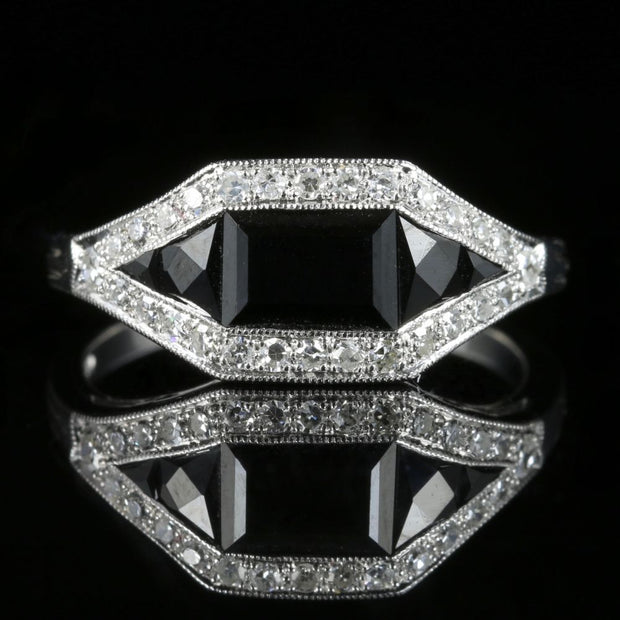 Antique Art Deco Diamond Onyx Ring 18Ct White Gold